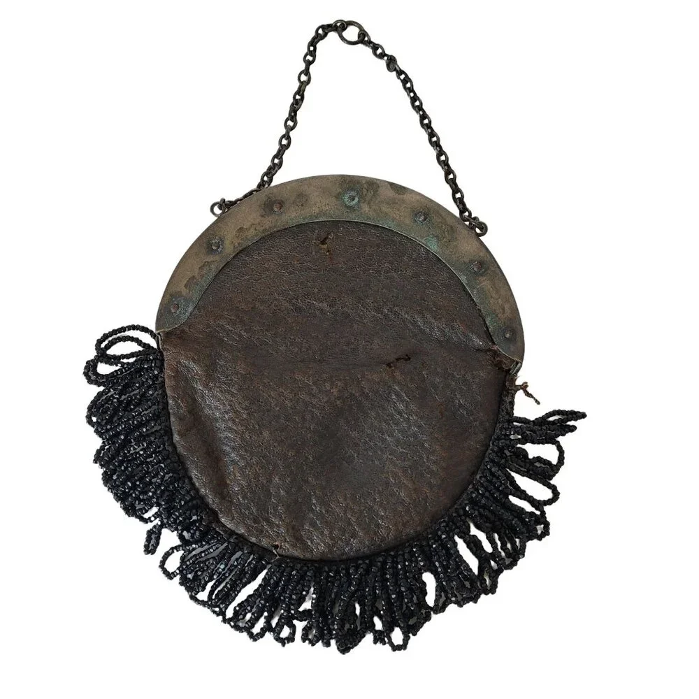 Black Beaded Small Purse With Floral Metal Frame & Fringe Detail Antique - Picture 3 of 10